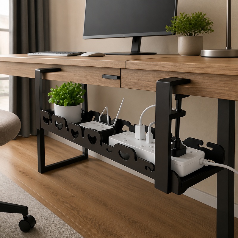 Desk Setup Living Room - 机下用金属製トレイ、ケーブル管理と収納用、家庭やオフィスでの配線整理に最適、穴あけ不要