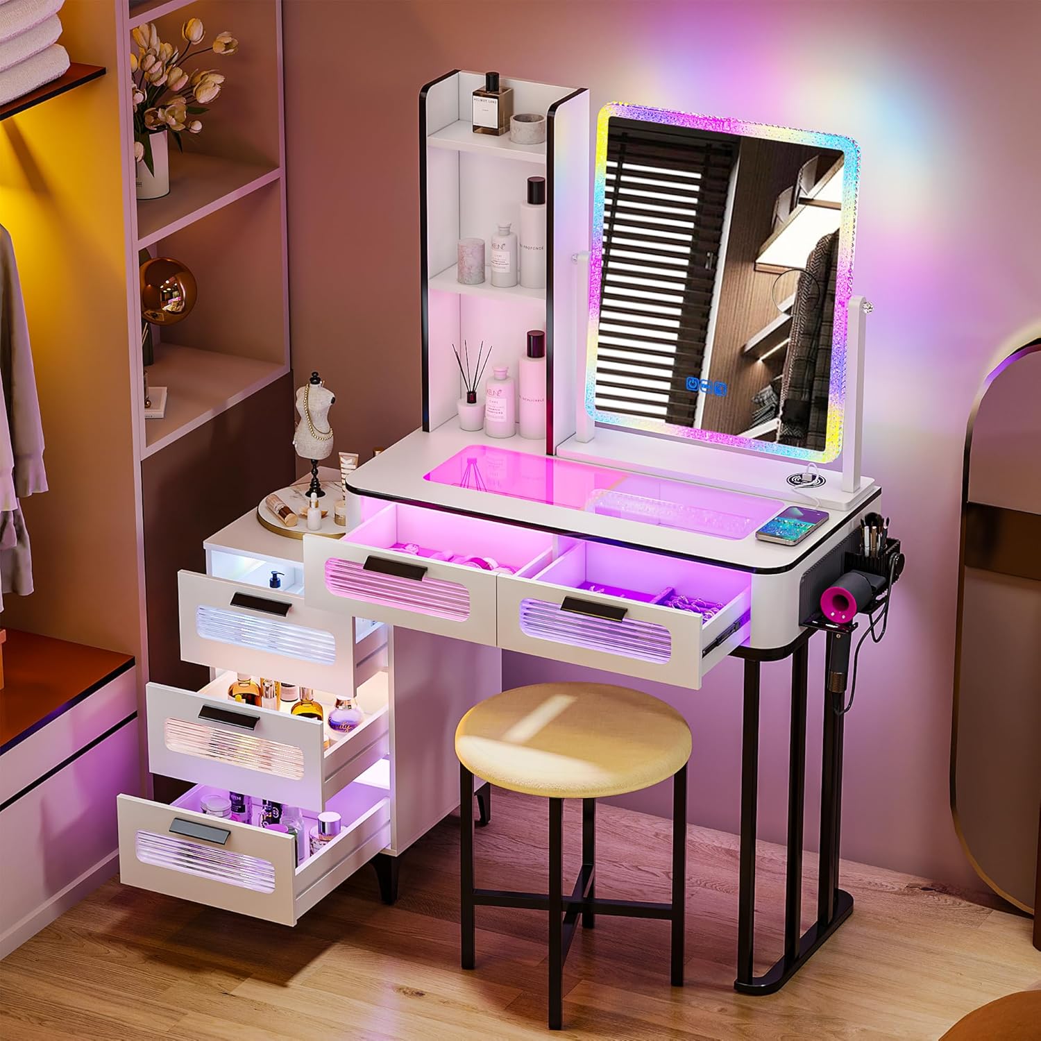 Desk Setup Charging Station - i*-RGBメイクアップバニティデスク（ワイヤレス充電ステーション付き）、LEDバニティメイクアップセット（デスクトップが見える）、7つのダイナミックライトと7つのLEDライト搭載