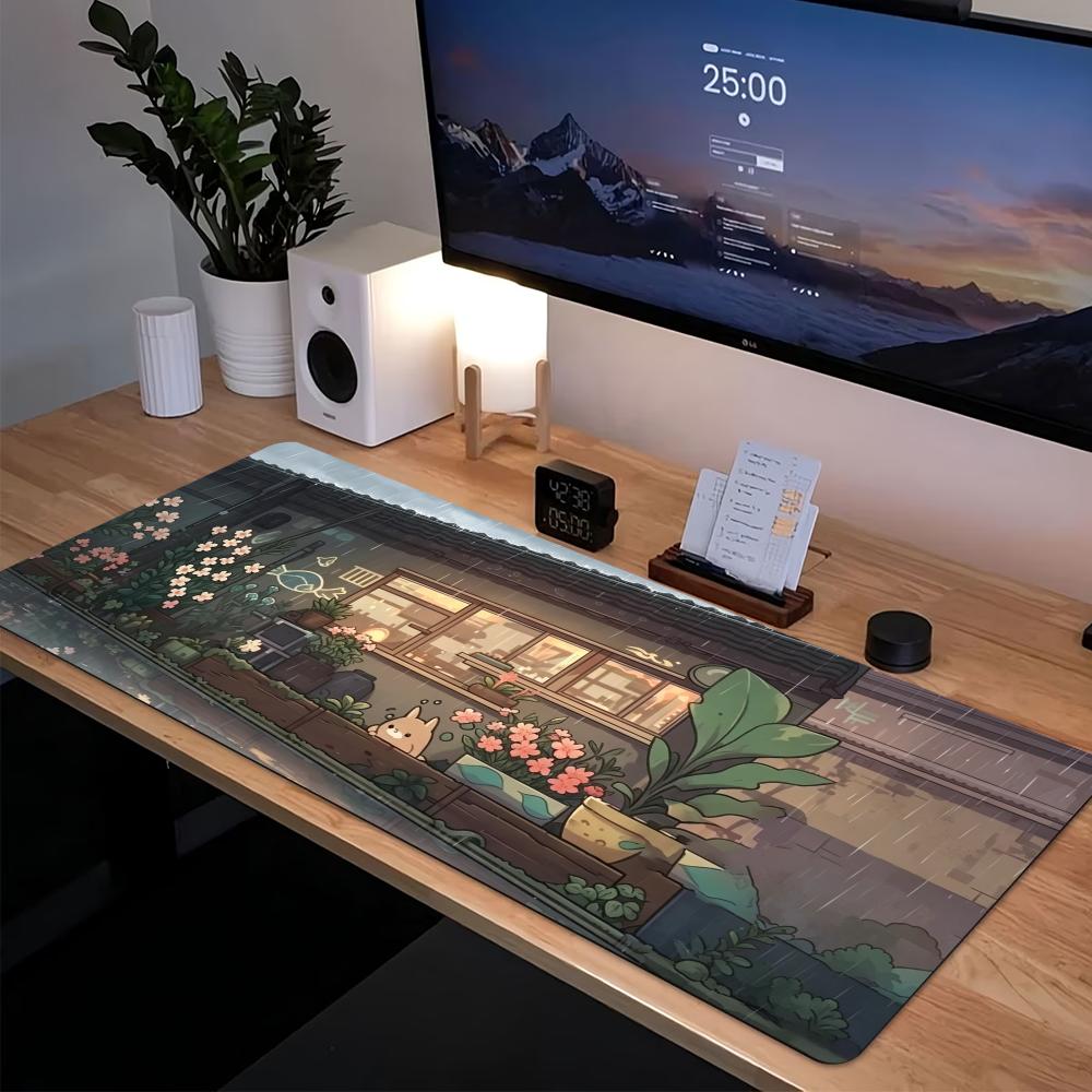 Desk Setup Gaming Pc - コージーアニメストリート拡張ゲーミングマウスパッド、滑り止めゴムベース、大型デスクマット、ノートパソコンPCゲーミングセットアップ装飾用マウスパッド