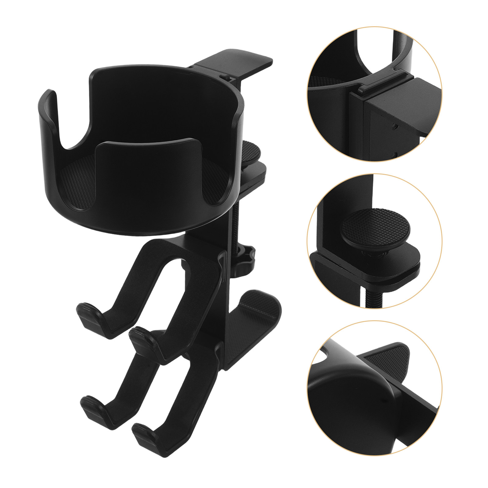 Desk Setup Headphone Stand - 多機能ヘッドホン収納オーガナイザースタンド デスクトップヘッドホンフック＆ドリンクホルダー コンパクトな黒色の金属製ラック デスクセットアップ用