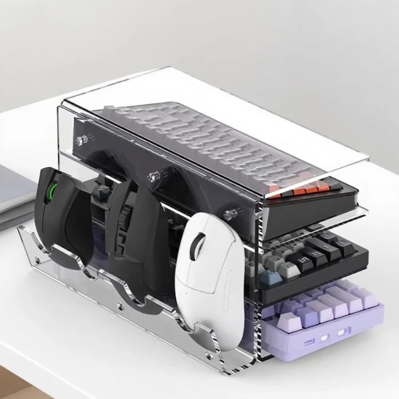 Gaming Setup Desk - キーボードスタンド 3段アクリル収納ラック マウスホルダー付き クリアデスクトップディスプレイシェルフ オフィス ホーム