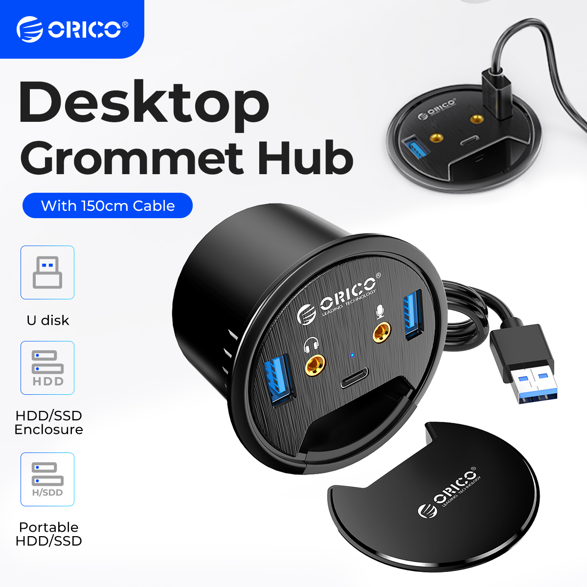 Desk Setup Hub - オリコデスクトップグロメット USB 3.0 ハブヘッドフォンマイクポートタイプ C カードリーダー