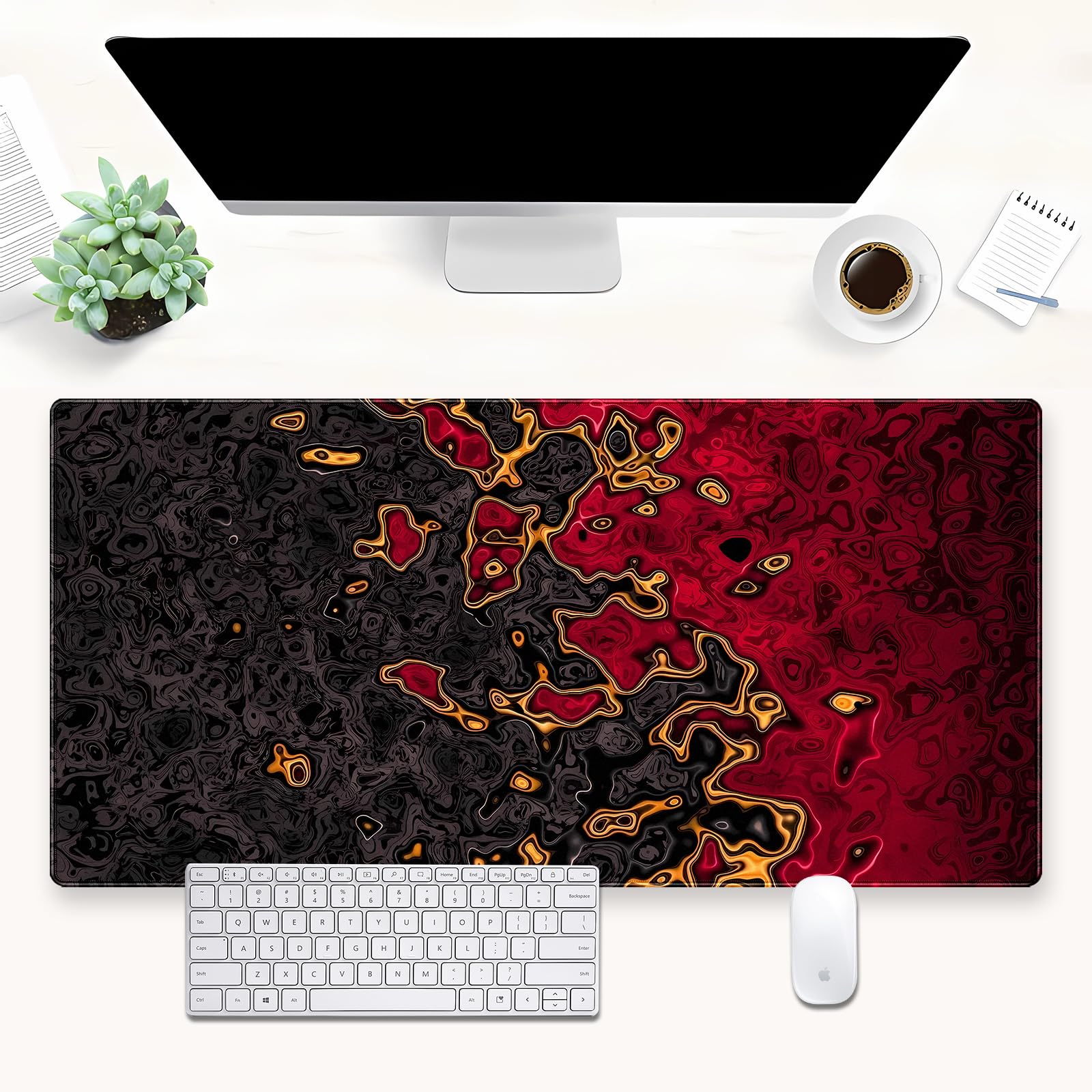 Rubber Mat Desk - 赤黒特大ゲーミングマウスパッド 流体アートデスクマット 35.4x15.7インチ XXLサイズ 滑り止め天然ゴム製マウスパッド コンピューターオフィス用