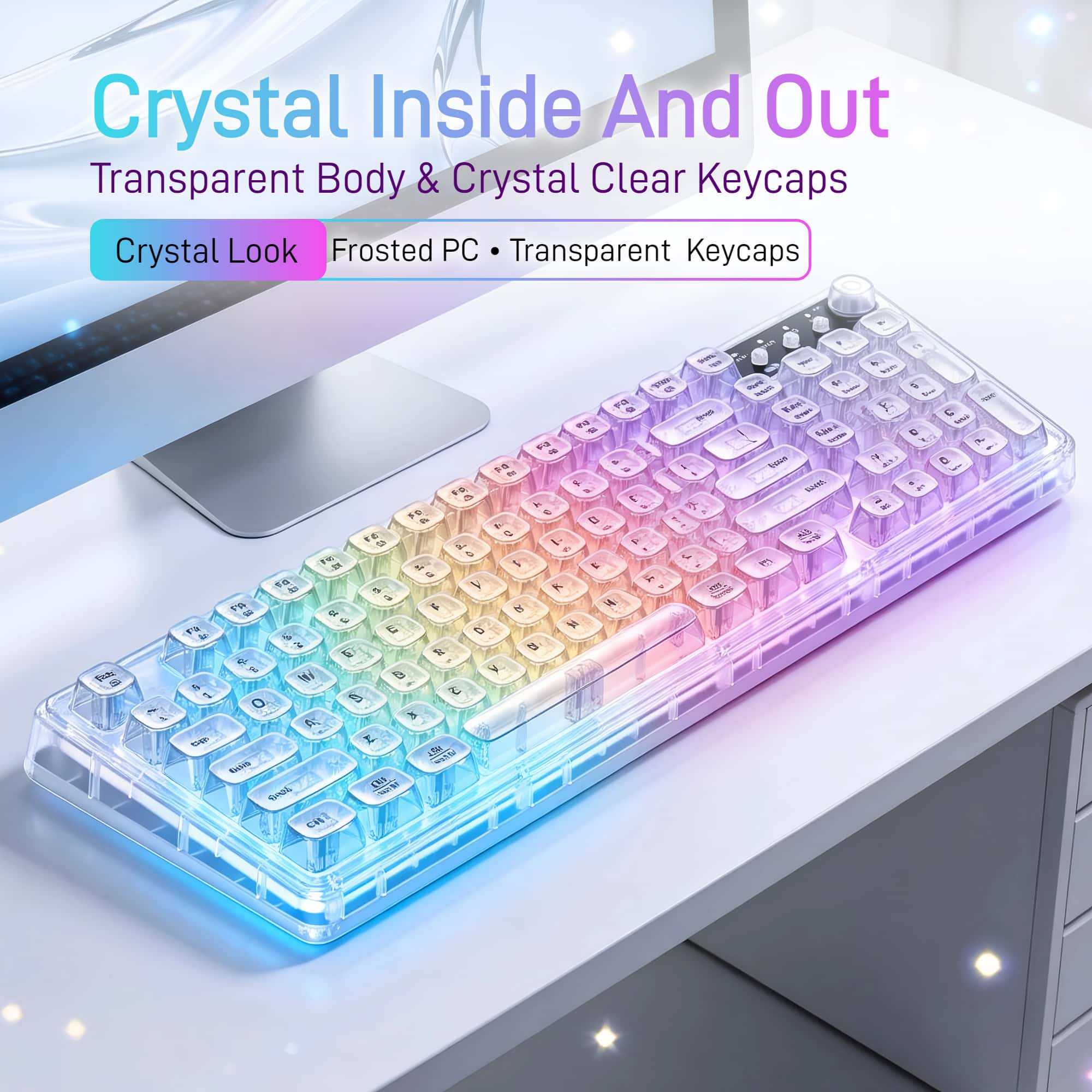 Desk Setup Layout - F99 ガスケット透明ワイヤレスゲーミングキーボード、トライモード 2.4G/BT/USB‑C、99 キー 1800 コンパクトレイアウト、RGB