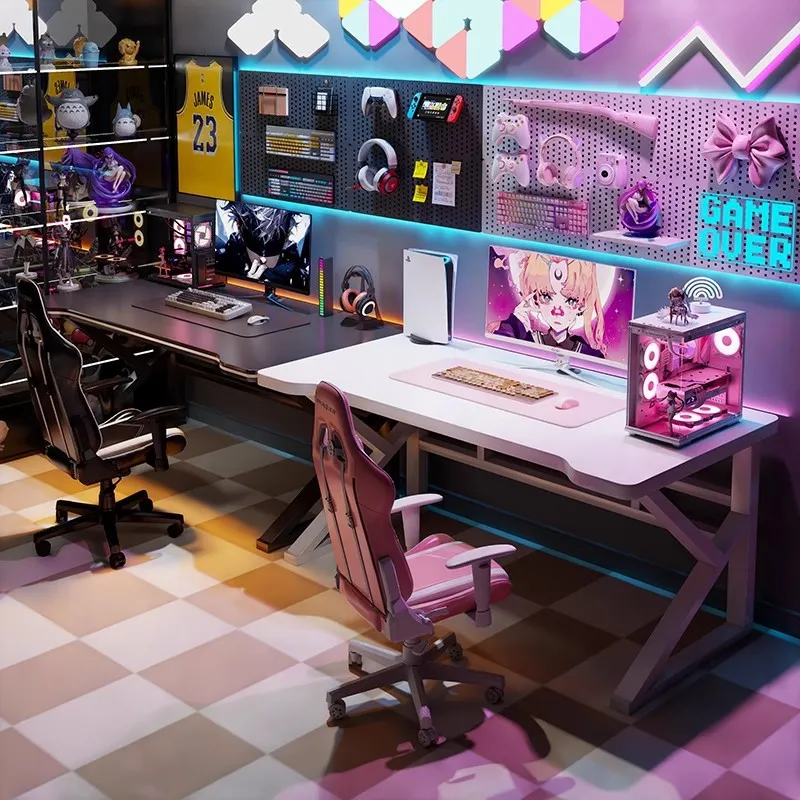 Desk Setup Gaming Pc - ダブルEスポーツゲーミングデスク、ホームオフィスや寝室用のロングコンピューターテーブル、カップル用サイドバイサイドPCデスクトップセットアップ
