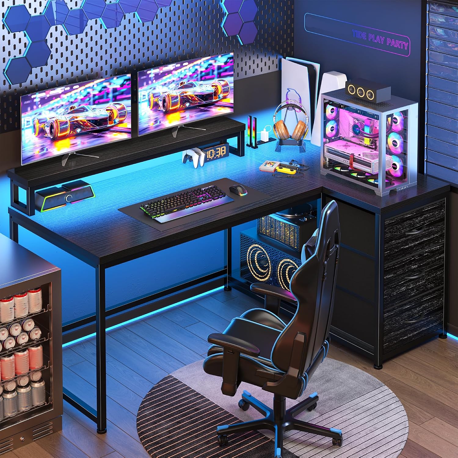 Desk Setup Gaming Pc - 3つの引き出しと40モードRGB LEDを備えたゲーミングデスク、ティーン向けPCセットアップ用、文房具やギアの収納スペース、48インチブラック、カスタマイズ可能