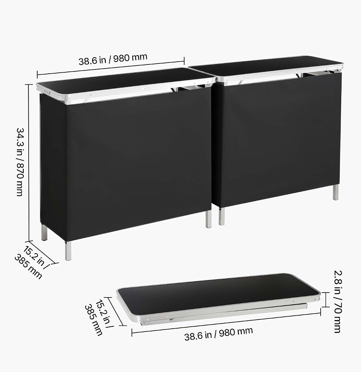 ポータブル折りたたみバーテーブルセット、収納棚と黒いスカート - Desk Setup Black のレビューと価格