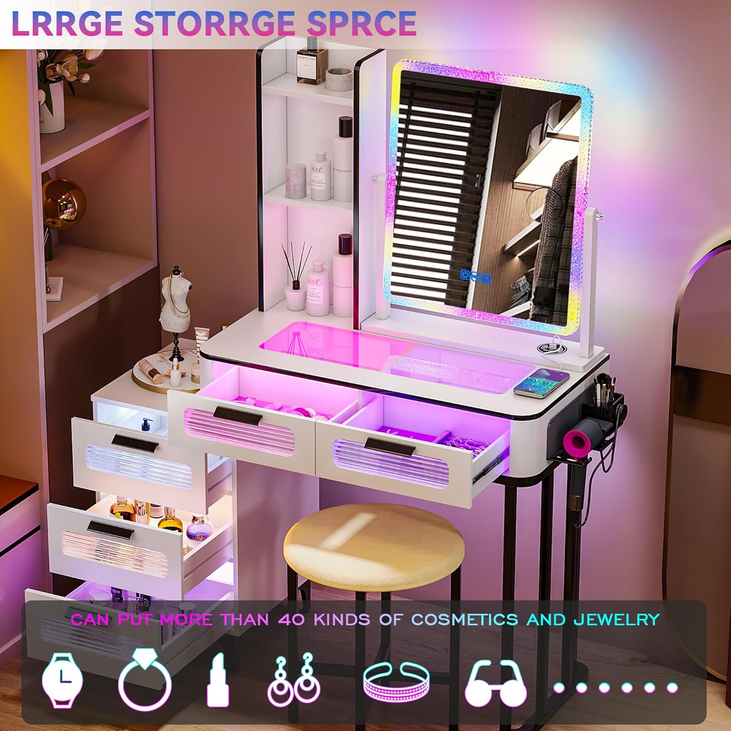 i*-RGBメイクアップバニティデスク（ワイヤレス充電ステー - Desk Setup Charging Station のレビューと価格