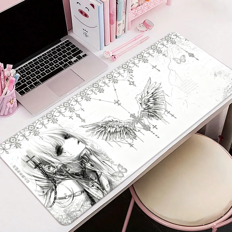 レザーマウスパッド黒白アニメ美学エンジェルガールマウスパッド - Desk Setup Black のレビューと価格