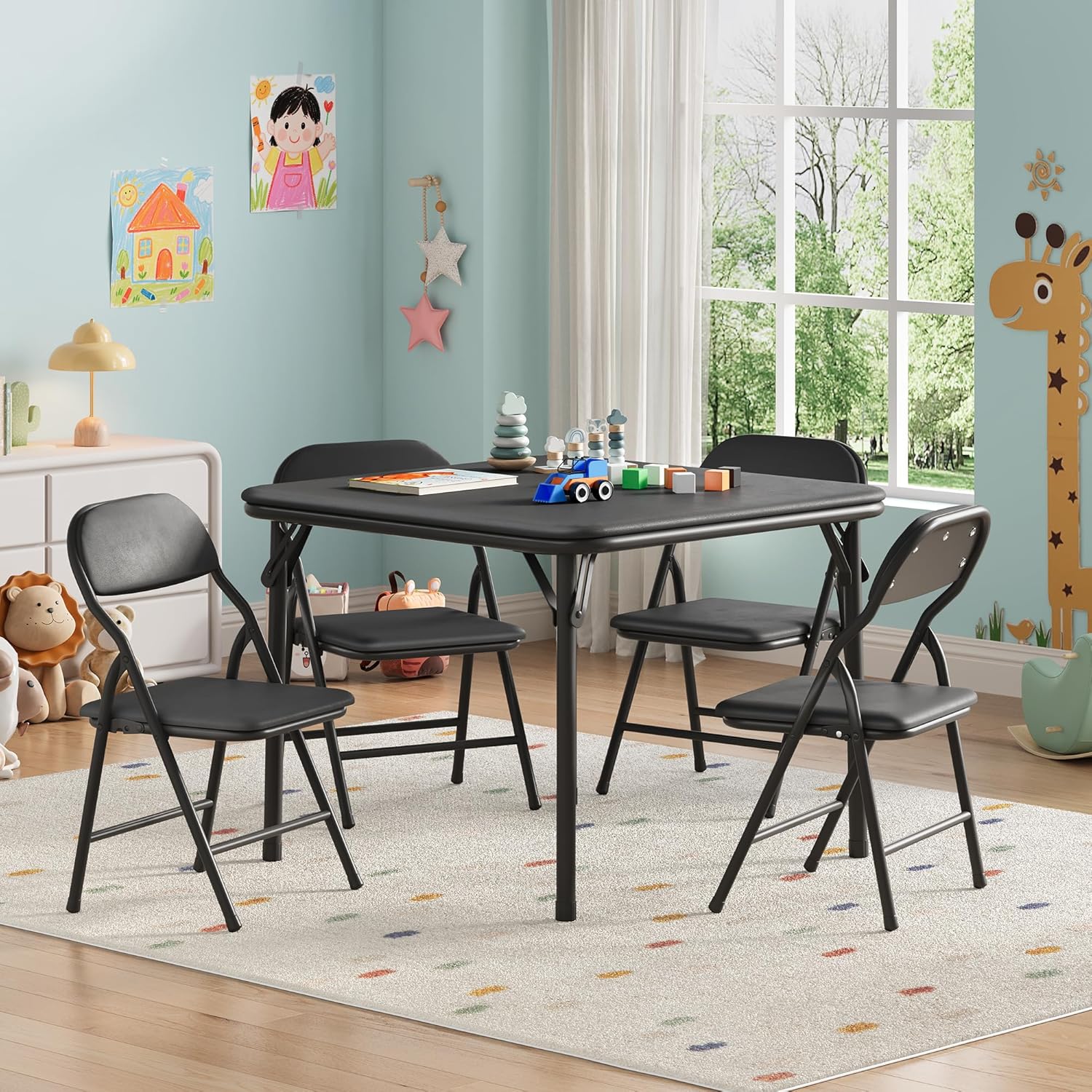 5点セット子供用折りたたみテーブル＆チェアセット、正方形テー - Desk Setup Black のレビューと価格
